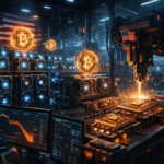 A futuristic Bitcoin mining facility in the USA with American flag elements, glowing mining rigs, factory production of chips, digital Bitcoin symbols, geopolitical theme, high-tech industrial environment, cinematic lighting.