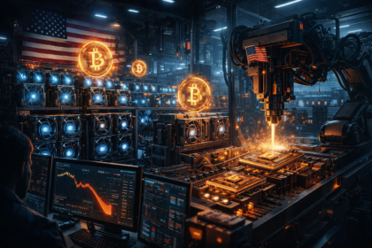 A futuristic Bitcoin mining facility in the USA with American flag elements, glowing mining rigs, factory production of chips, digital Bitcoin symbols, geopolitical theme, high-tech industrial environment, cinematic lighting.