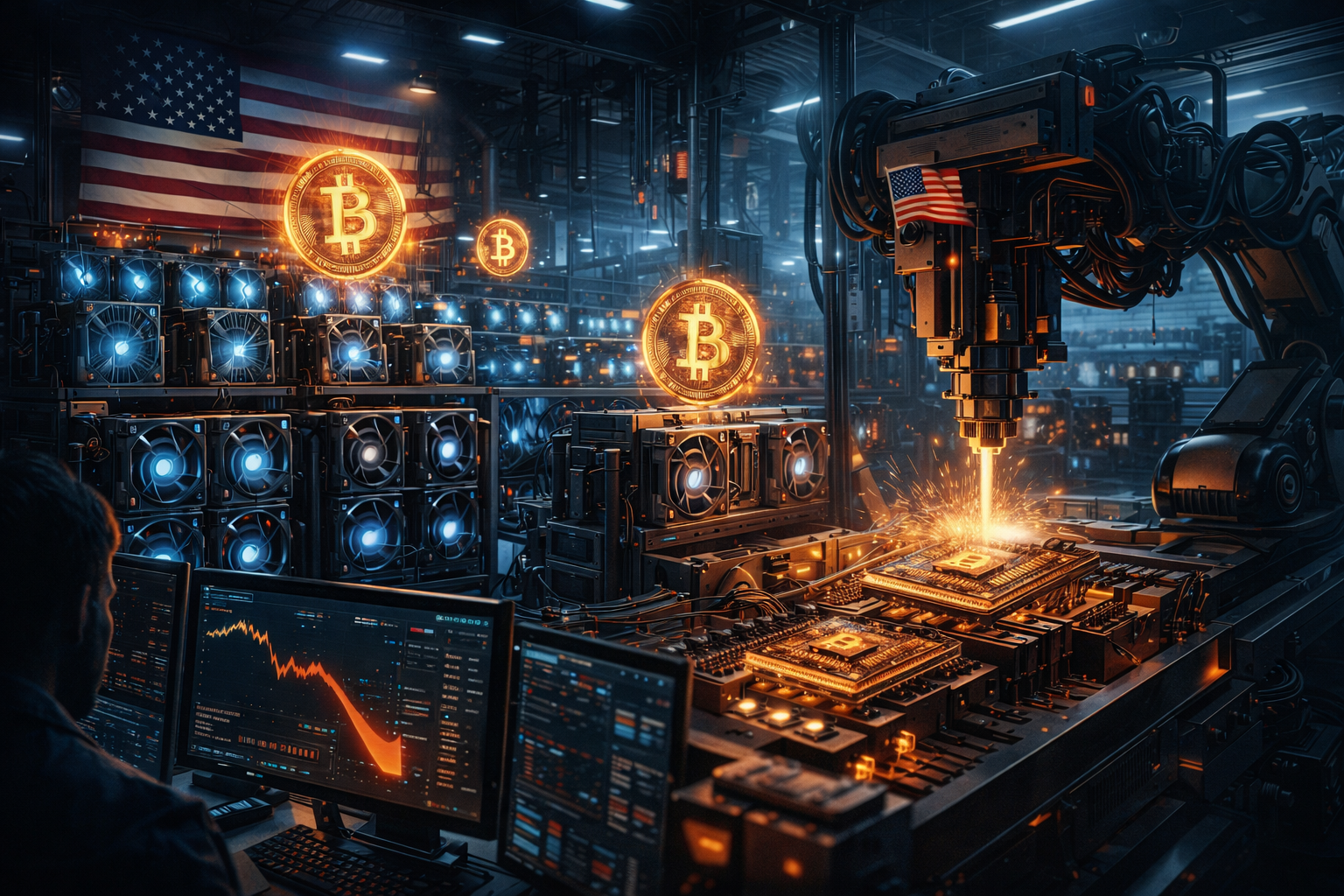 A futuristic Bitcoin mining facility in the USA with American flag elements, glowing mining rigs, factory production of chips, digital Bitcoin symbols, geopolitical theme, high-tech industrial environment, cinematic lighting.