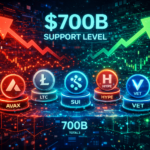 A futuristic crypto market scene showing altcoins at a critical support level, $700B highlighted, multiple tokens like AVAX, LTC, SUI glowing, bearish vs bullish arrows, digital charts, neon blue and red theme, cinematic lighting