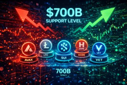 A futuristic crypto market scene showing altcoins at a critical support level, $700B highlighted, multiple tokens like AVAX, LTC, SUI glowing, bearish vs bullish arrows, digital charts, neon blue and red theme, cinematic lighting