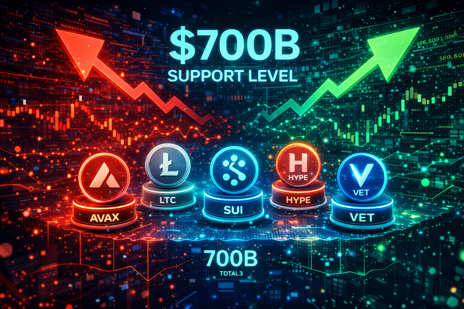 A futuristic crypto market scene showing altcoins at a critical support level, $700B highlighted, multiple tokens like AVAX, LTC, SUI glowing, bearish vs bullish arrows, digital charts, neon blue and red theme, cinematic lighting