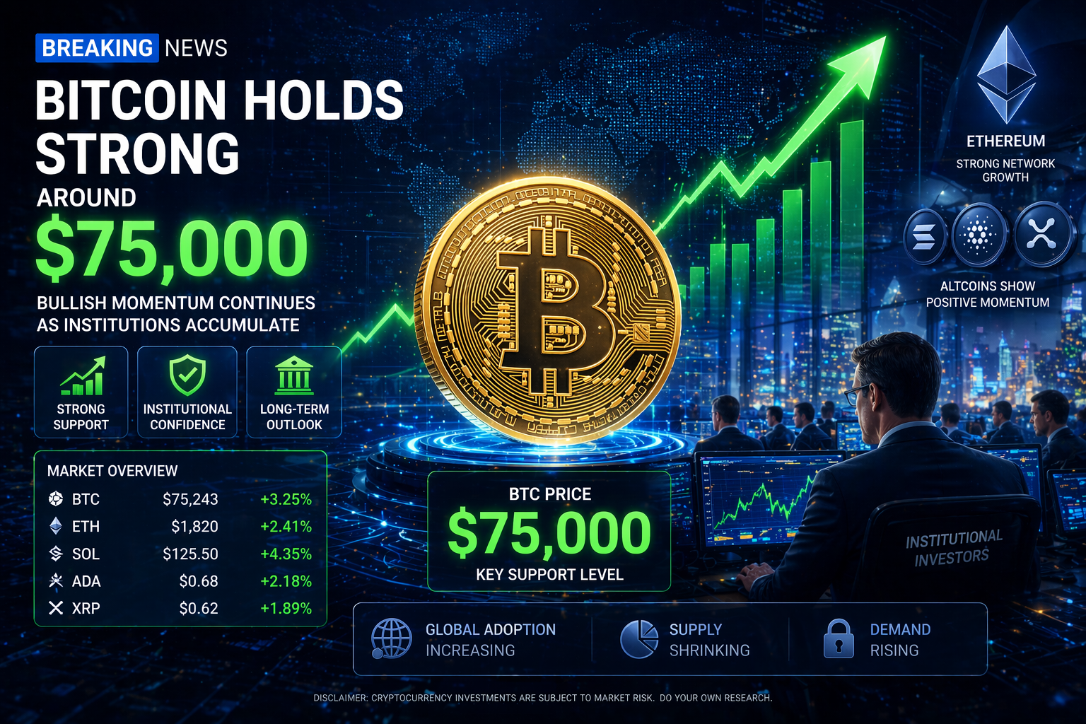 Bitcoin Holds Near $75,800 as Institutional Buying Supports Market Recovery