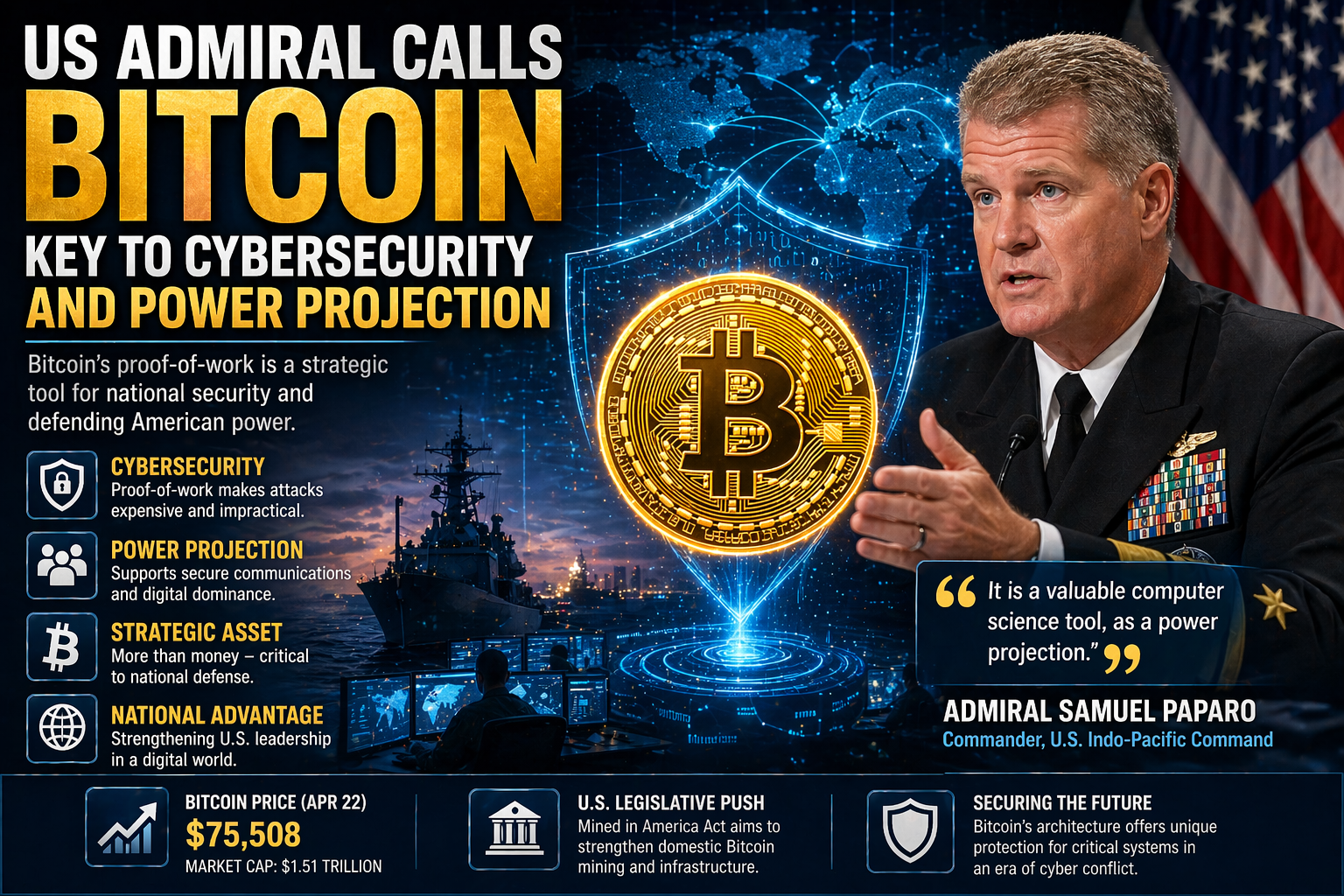 US Admiral Calls Bitcoin Key to Cybersecurity and National Power