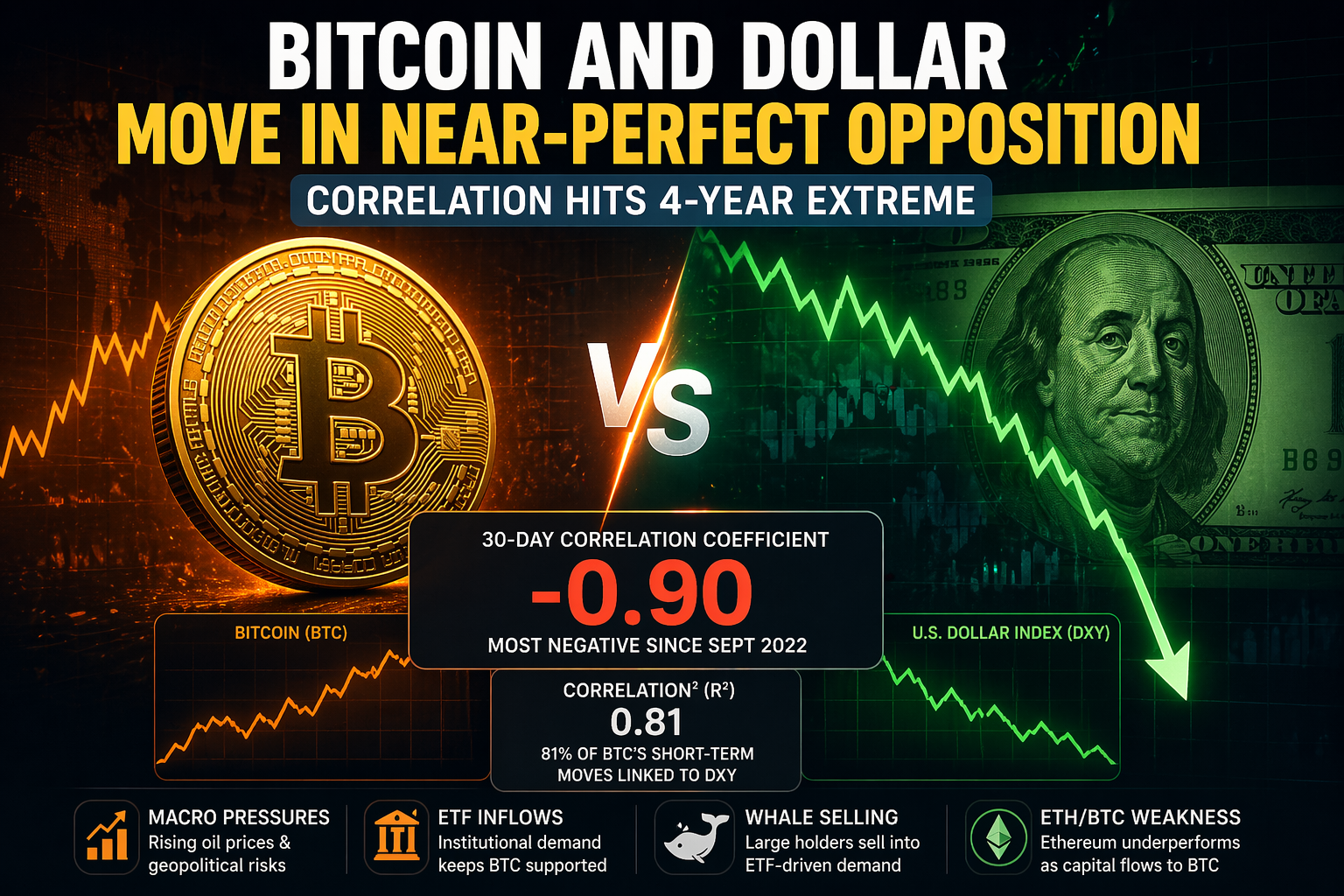 Bitcoin and Dollar Move in Sharp Opposition as Correlation Hits 4-Year Extreme