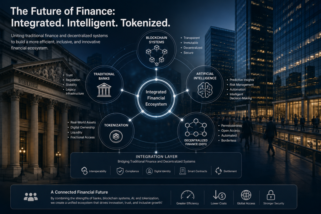 Future hybrid financial infrastructure combining blockchain and institutional systems