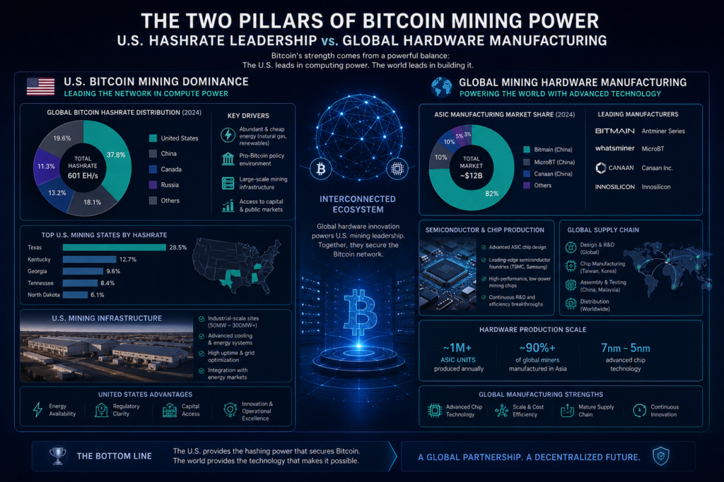 Comparison of US Bitcoin mining leadership and hardware manufacturing capacity