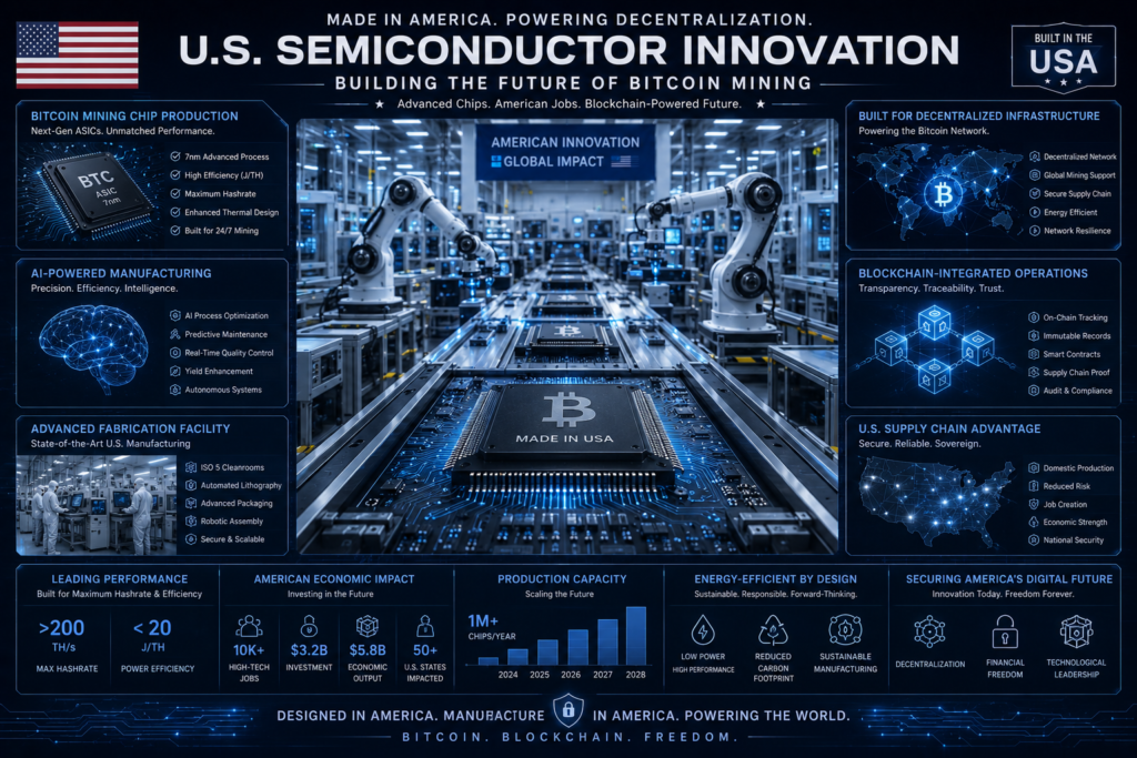 An advanced semiconductor manufacturing facility producing Bitcoin mining chips in the United States, robotic production lines, blockchain infrastructure screens, AI-powered manufacturing systems, institutional technology environment