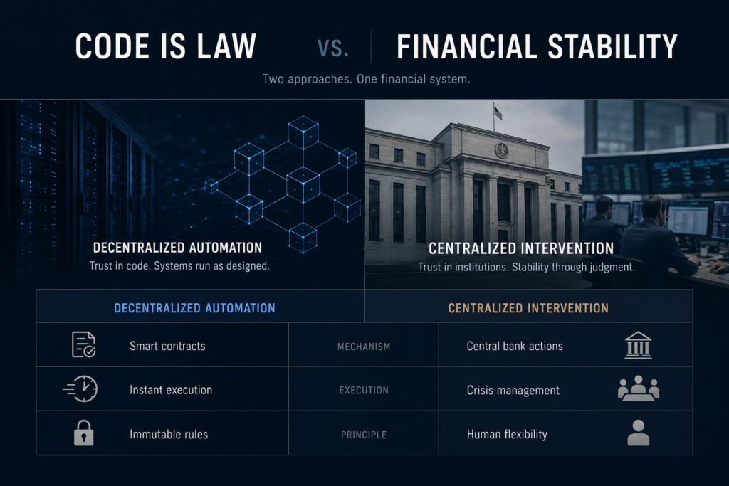Comparison between decentralized finance automation and traditional financial intervention