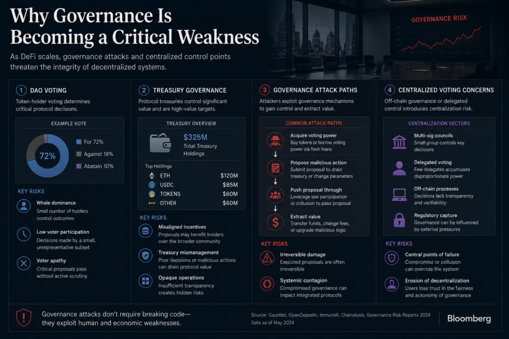 DAO governance vulnerabilities and decentralized protocol security risks