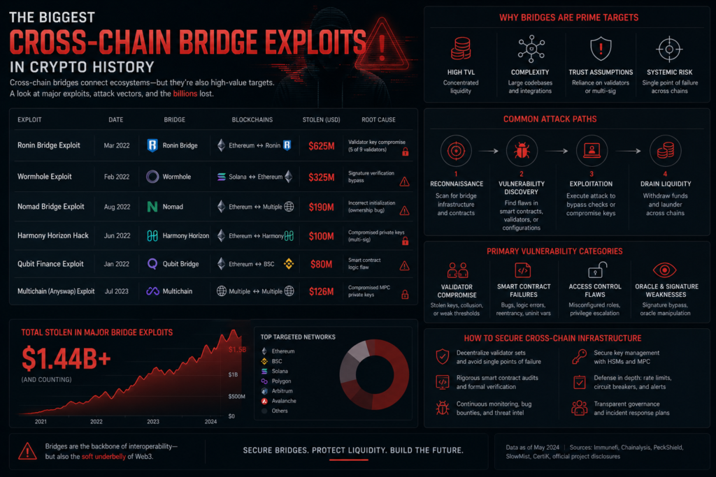 Major cross-chain bridge exploits and blockchain security vulnerabilities