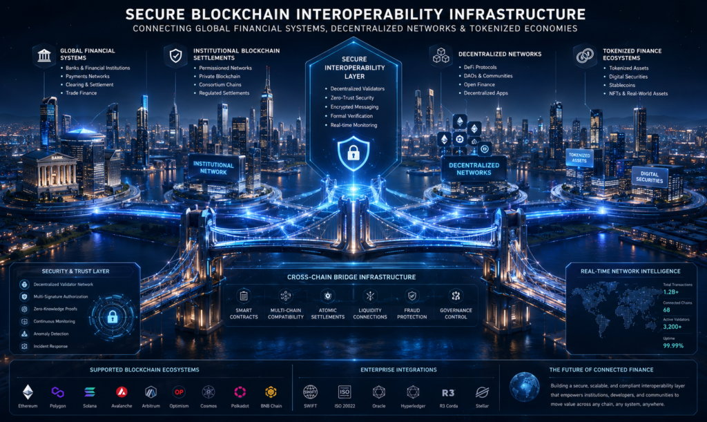 Future secure blockchain interoperability and decentralized financial infrastructure