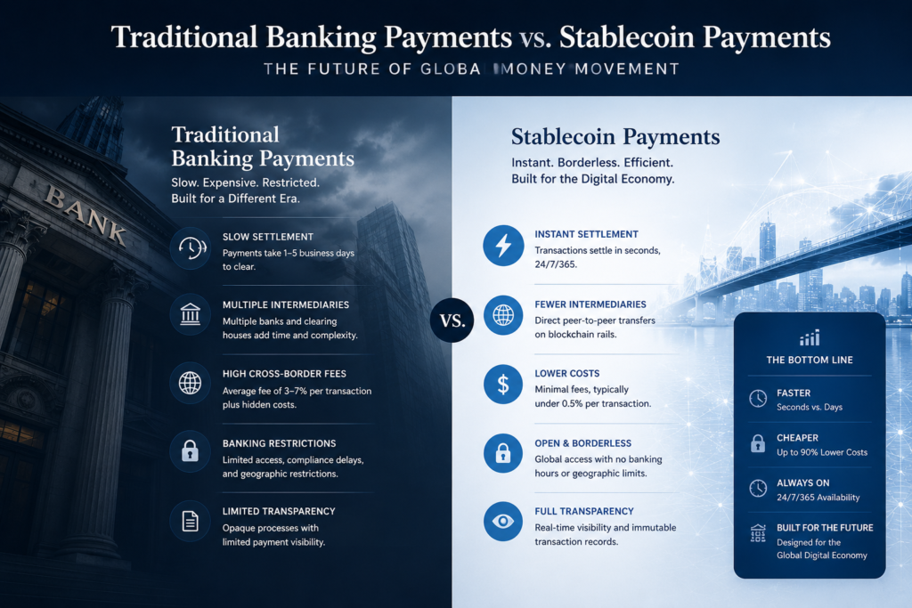 Comparison between traditional banking transfers and stablecoin payment infrastructure