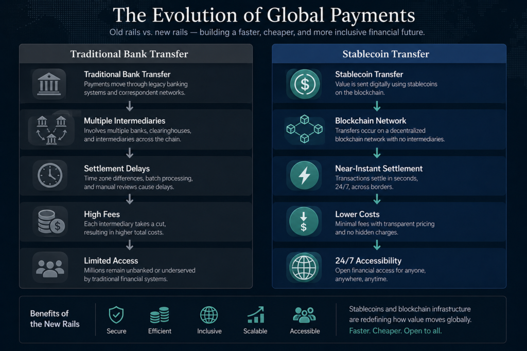 Comparison between traditional banking payments and stablecoin settlement infrastructure