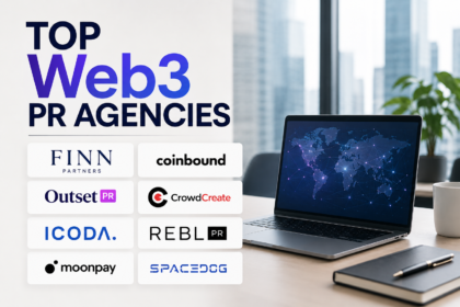 professional Web3 founders and blockchain startup executives meeting with media and investors in a modern corporate office, public relations strategy discussion, cryptocurrency industry business environment, realistic business photography, premium magazine quality, natural lighting, authentic corporate atmosphere, no infographic, no text, no illustration, ultra realistic