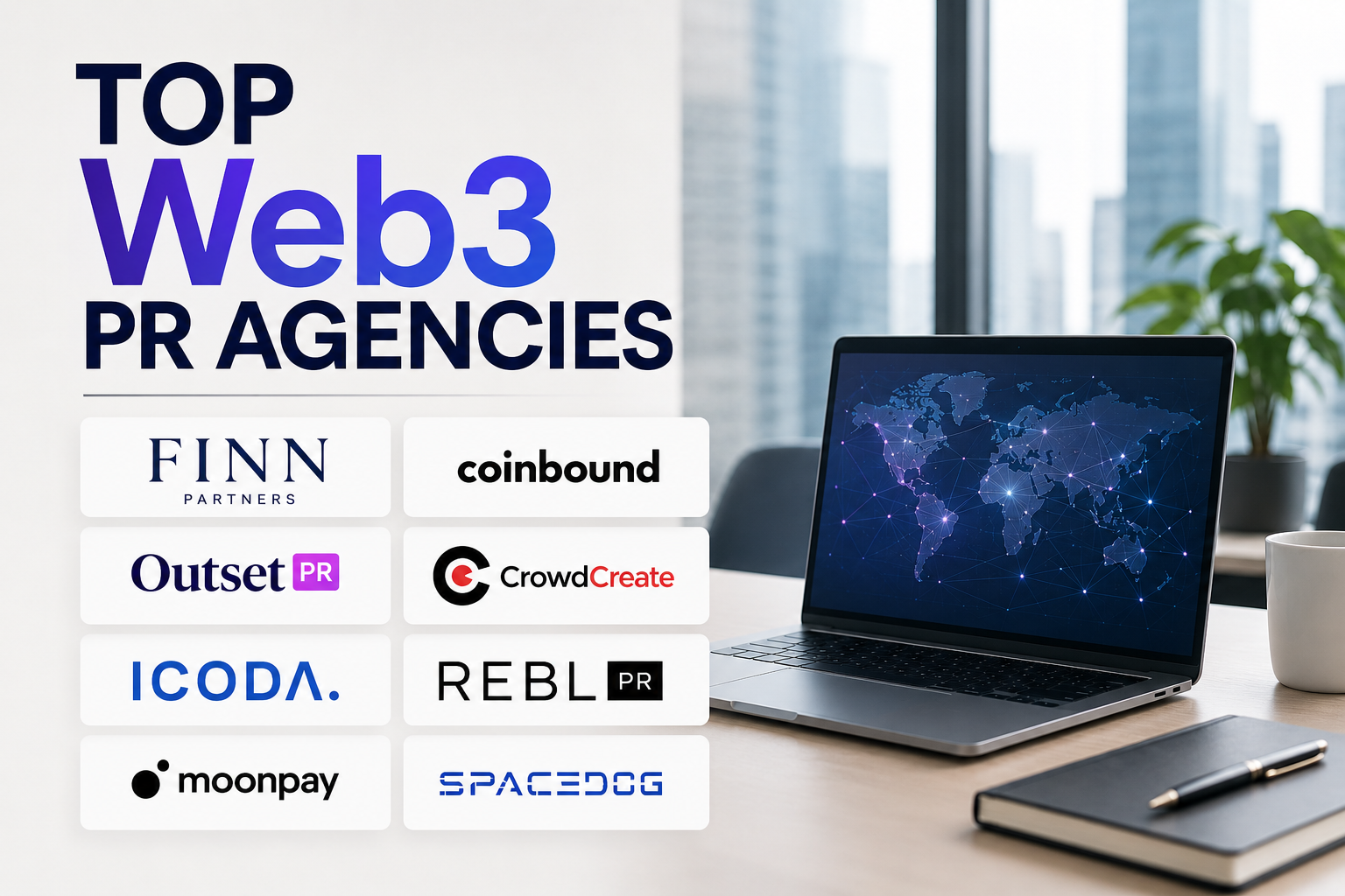 professional Web3 founders and blockchain startup executives meeting with media and investors in a modern corporate office, public relations strategy discussion, cryptocurrency industry business environment, realistic business photography, premium magazine quality, natural lighting, authentic corporate atmosphere, no infographic, no text, no illustration, ultra realistic